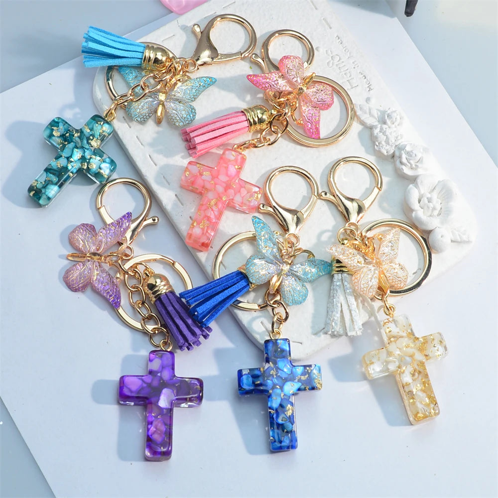 Colorful Sequin Filled Resin Cross Keychain Exquisite Butterfly Pendant Keyring for Women Handbag Accessories Christianity Gift