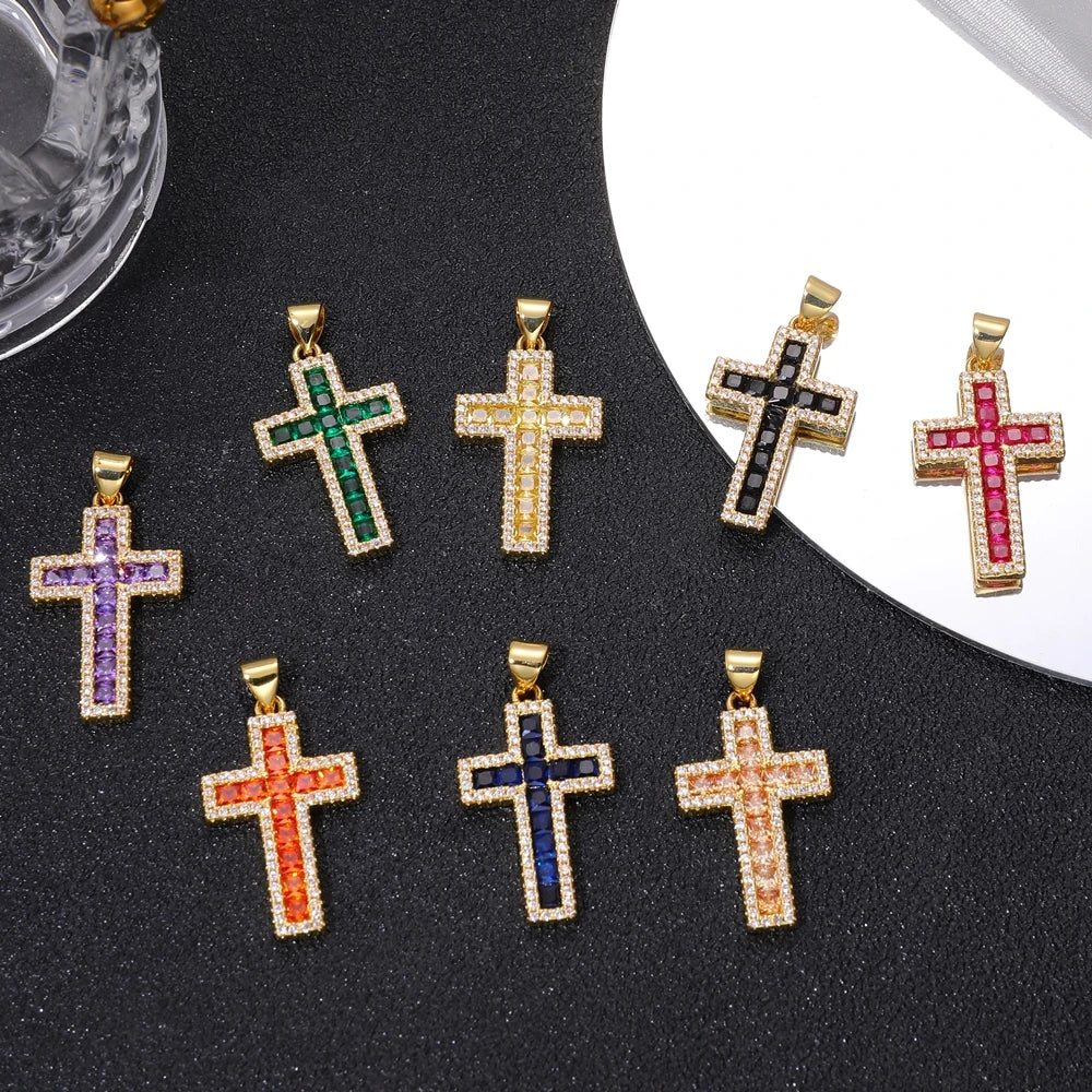 18K Real Gold Plated Enamel Cubic Zirconia Christian Cross Charms For DIY Religious Christmas Pendant Rosary Jewelry Making