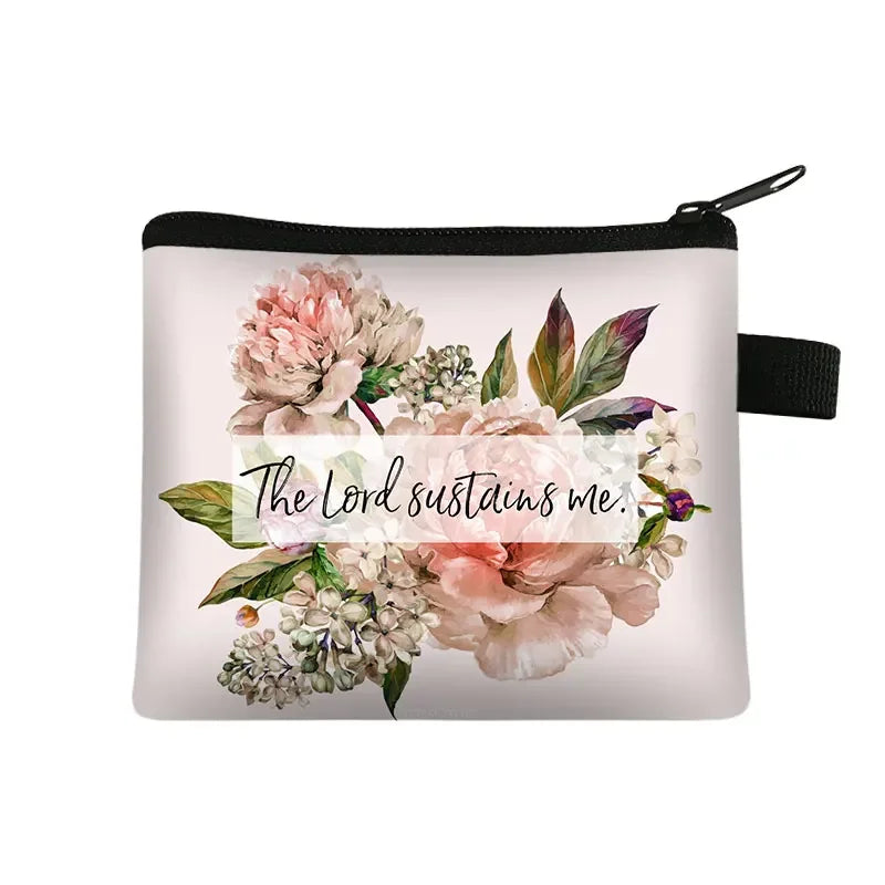 Christian Bible Verse Coin Purse Women Wallet The Lord Sustains Me Money Bag Small Handbag Floral Purses ID Credit Card Holder