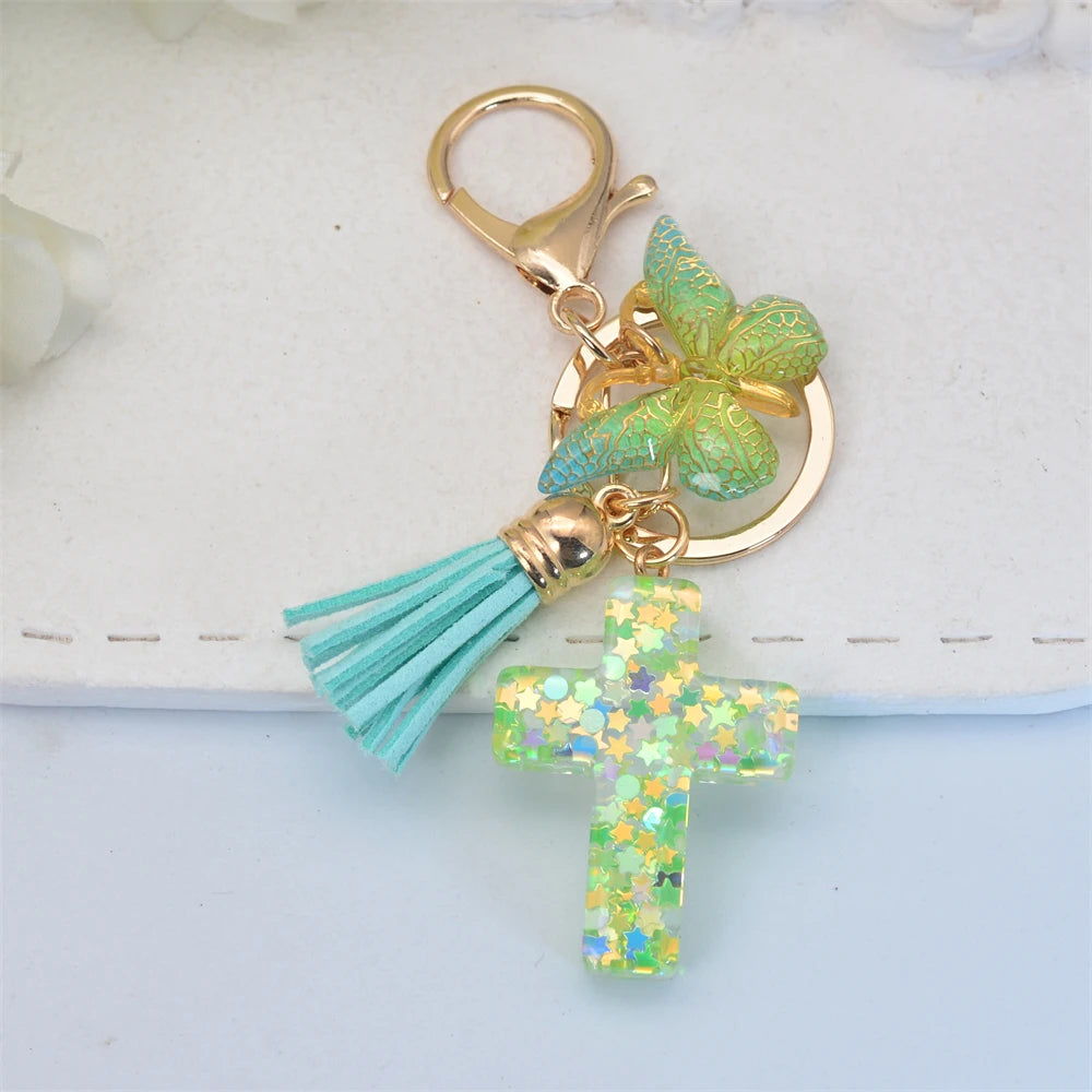 Colorful Sequin Filled Resin Cross Keychain Exquisite Butterfly Pendant Keyring for Women Handbag Accessories Christianity Gift