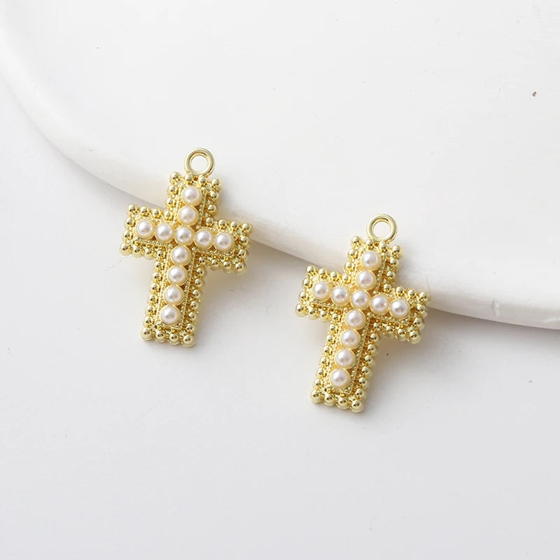 10pcs Fashion Pearl Cross Enamel Charms Gold Color Earring Pendants For Bracelet Necklace Accessories Metal Findings DIY Jewelry