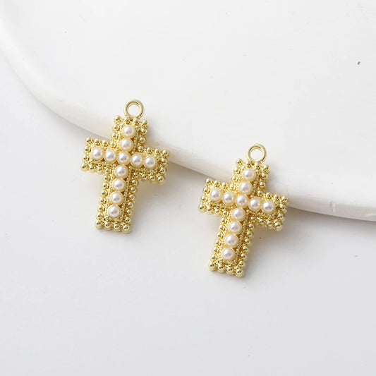 10pcs Fashion Pearl Cross Enamel Charms Gold Color Earring Pendants For Bracelet Necklace Accessories Metal Findings DIY Jewelry