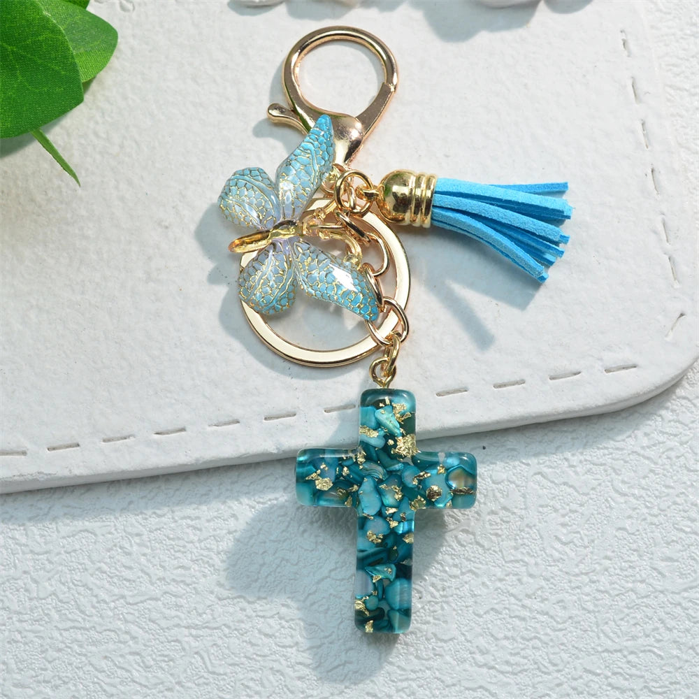 Cross Butterfly Keychain Christian Cute Resin Key Chain Ring Purse Bag Backpack Charm Car Ornament Earbud Case Accessories Gift