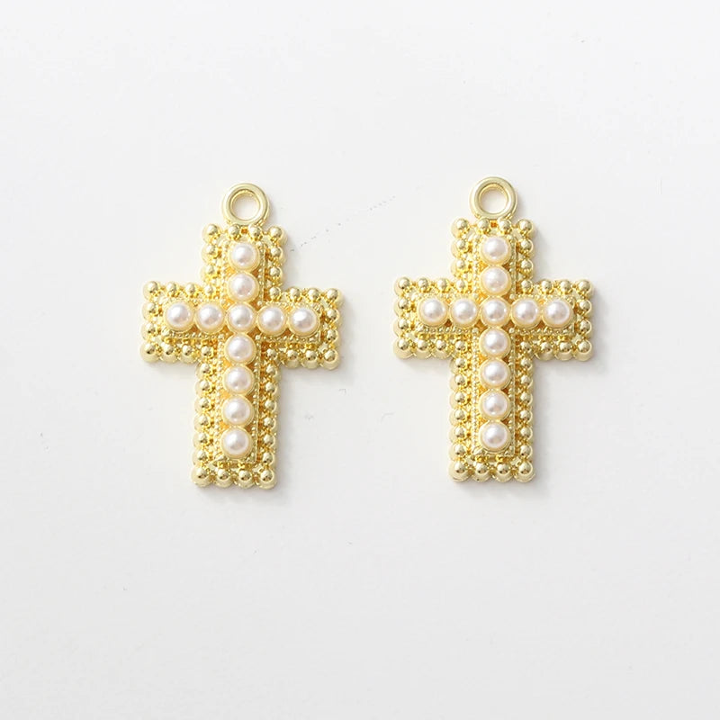 10pcs Fashion Pearl Cross Enamel Charms Gold Color Earring Pendants For Bracelet Necklace Accessories Metal Findings DIY Jewelry