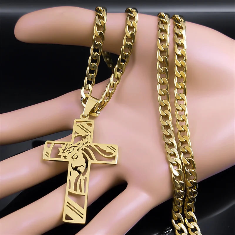 Crown of Thorns Jesus Cross Necklace for Men Stainless Steel Gold Plated Crucifix Pendant Necklaces Jewelry N8052