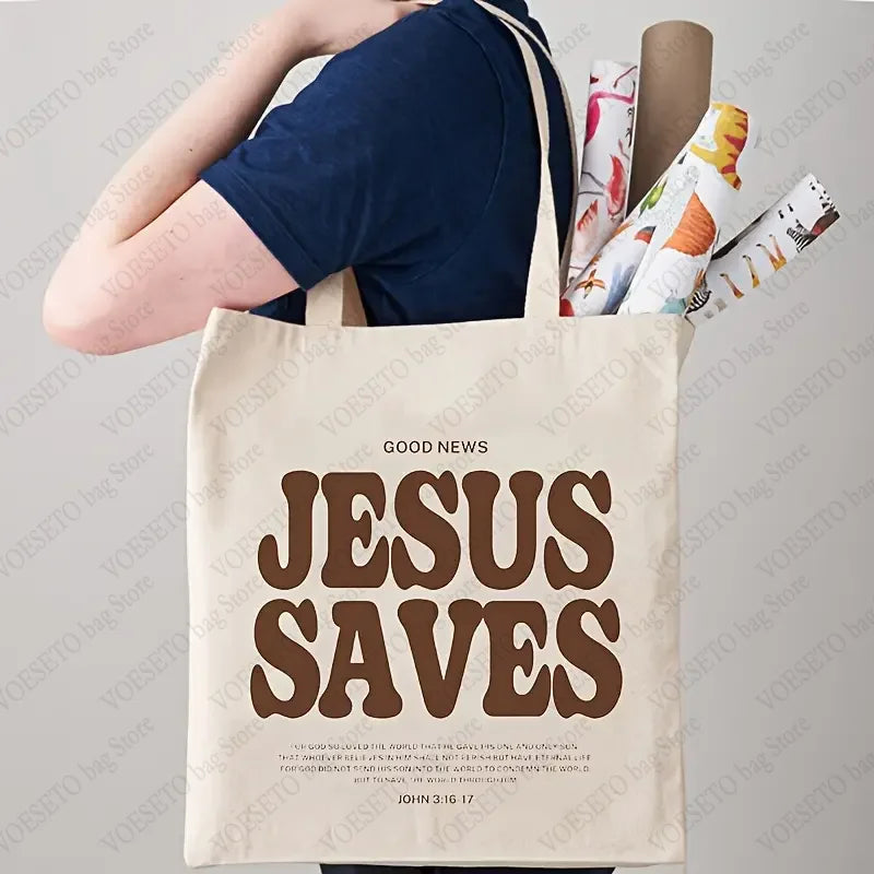 Good News Jesus Saves Pattern Canvas Shoulder Tote Bags Casual Shopping Tote Christ Religion Christian Faith Shopper HandBag