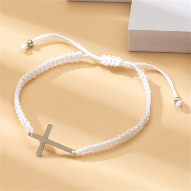 Simple Cross Black White Braided Rope Couple Bracelets Silver Color Adjustable Bracelet Christian Jewelry