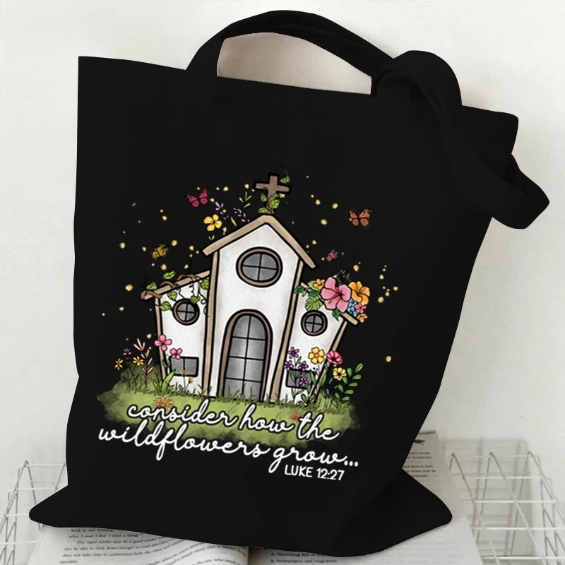 Christians Gift Canvas Shoulder Bag Wildflower Letter Print Purses and Handbags Funny Religious Christian Faith Shopping Bags