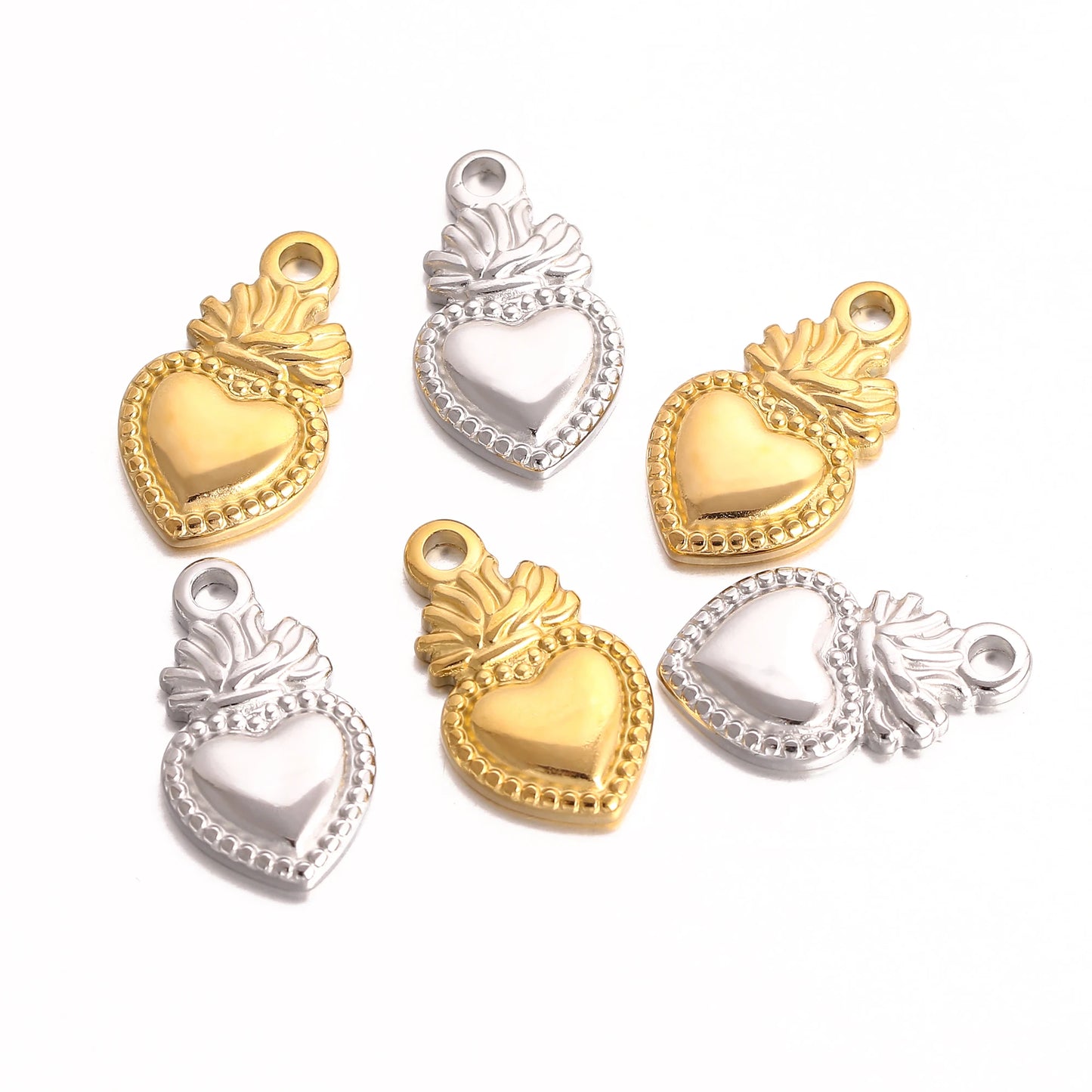 3Pc/Lot Christian Amulet Pendants Stainless Steel Sacred Heart Charms Flame Love Heart DIY Necklace Earring Jewelry Accessories