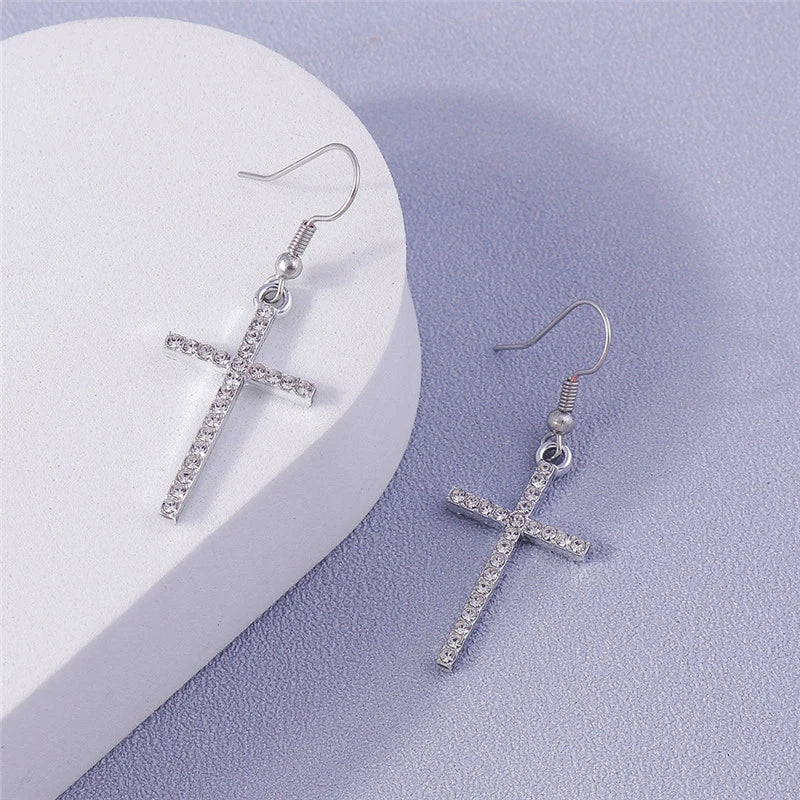 Fashion Zircon Crystal Cross Earrings for Women Men Gothic Punk Hip Hop Jesus Crucifix Dangle Earring Christian Party Jewelry