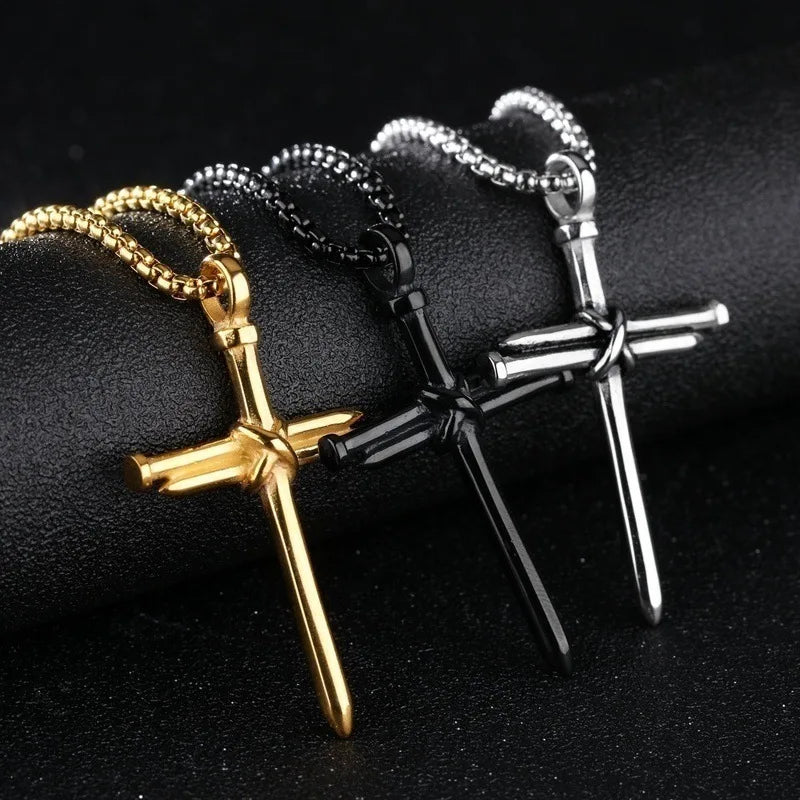 Mens Jewellery Black Stainless Steel Necklace Men Nail Cross Pendant Chain Necklace Christian Church Accessories Collar
