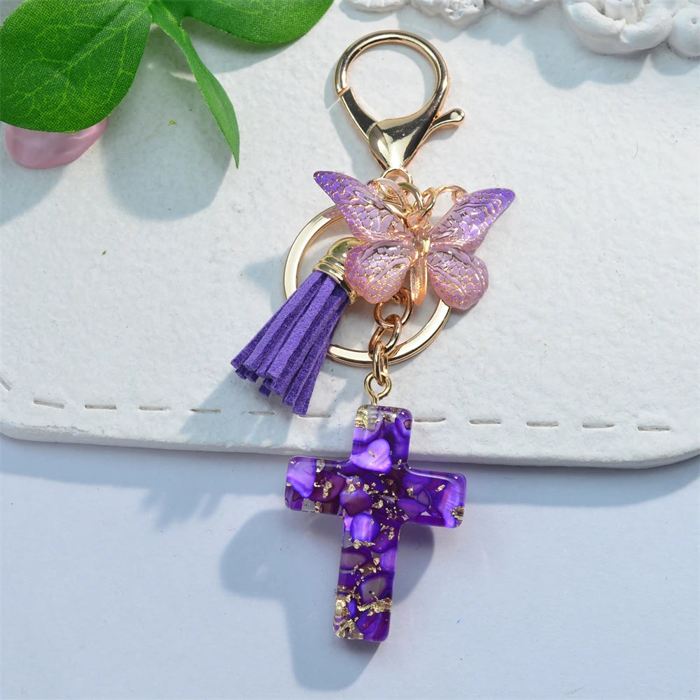 Cross Butterfly Keychain Christian Cute Resin Key Chain Ring Purse Bag Backpack Charm Car Ornament Earbud Case Accessories Gift