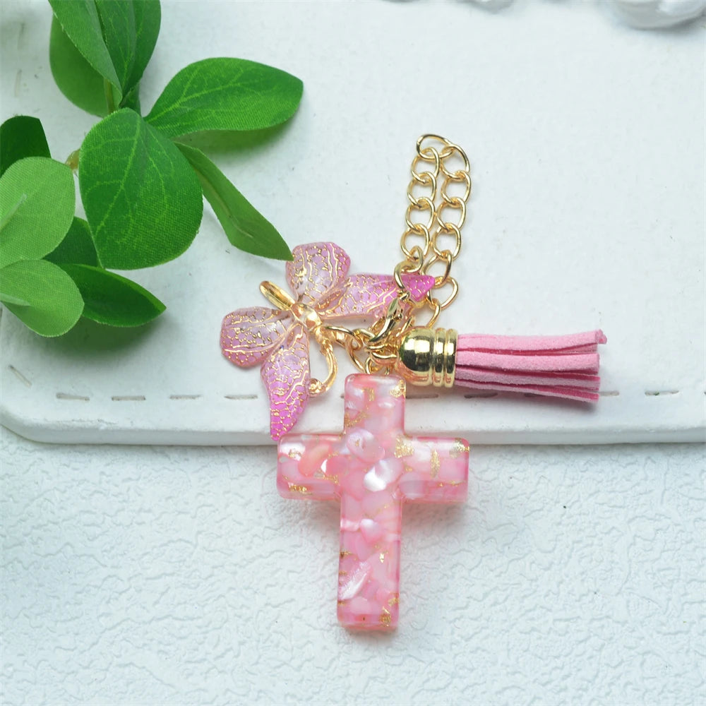 Colorful Sequin Filled Resin Cross Keychain Exquisite Butterfly Pendant Keyring for Women Handbag Accessories Christianity Gift
