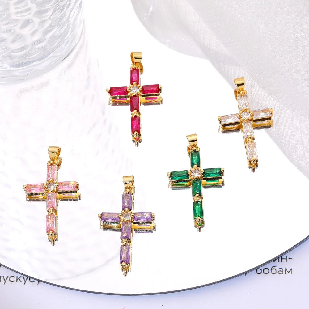18K Real Gold Plated Enamel Cubic Zirconia Christian Cross Charms For DIY Religious Christmas Pendant Rosary Jewelry Making