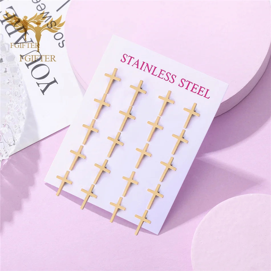 12 Pairs Pack Stainless Steel Earrings Set Cross Jesus Ear Studs Piercing Jewelry Wholesale Christian Catholicism Accessories