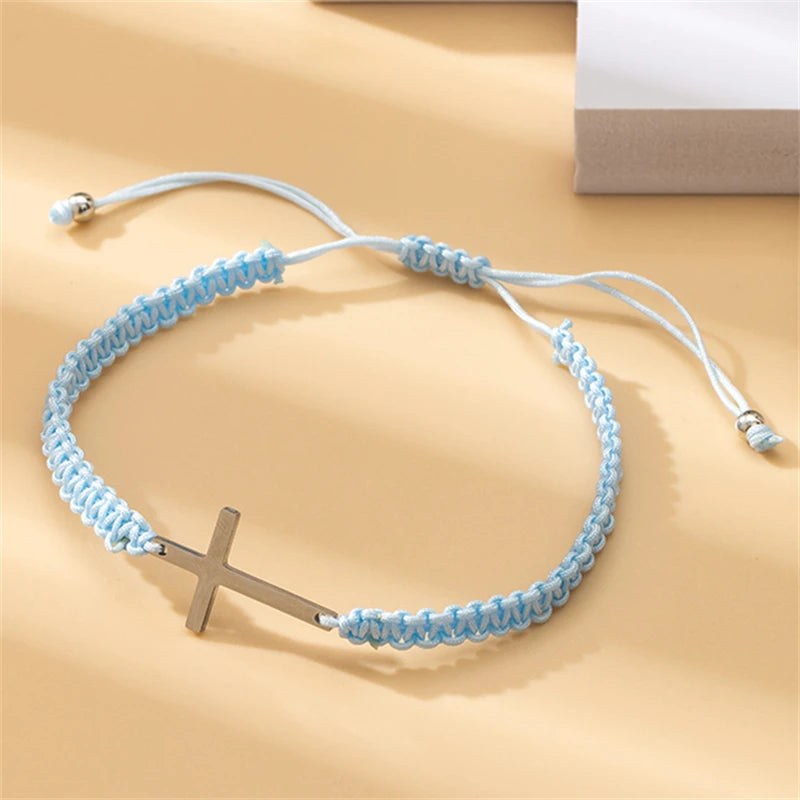 Simple Cross Black White Braided Rope Couple Bracelets Silver Color Adjustable Bracelet Christian Jewelry