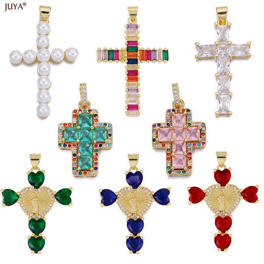 Luxury Natural Zircon Cross Talisman Charms 18k Gold Plated Pendants For Women Necklaces DIY Jewelry Making Accessories