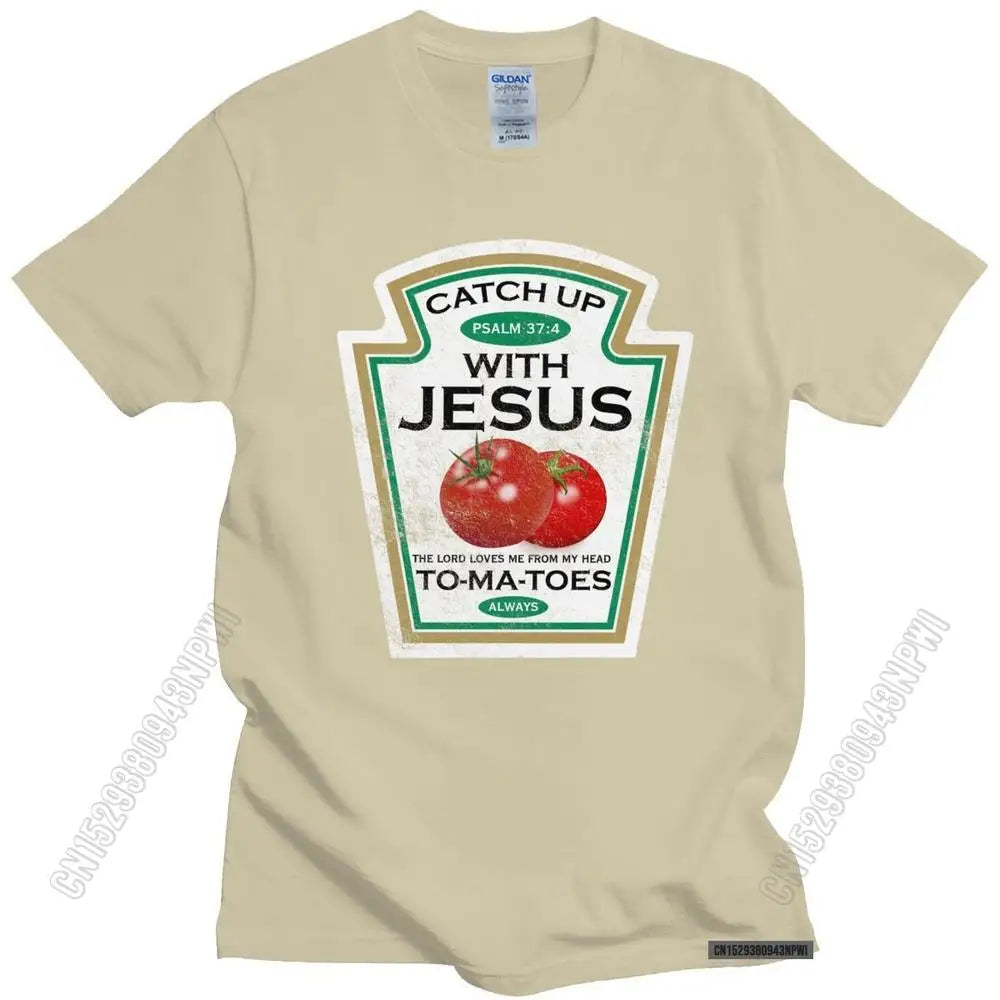 Funny Catch Up With Jesus T Shirt Men Vintage Vegan Tomato T-Shirt Christian Gift Veganism O-Neck Cotton Tee Merchandise