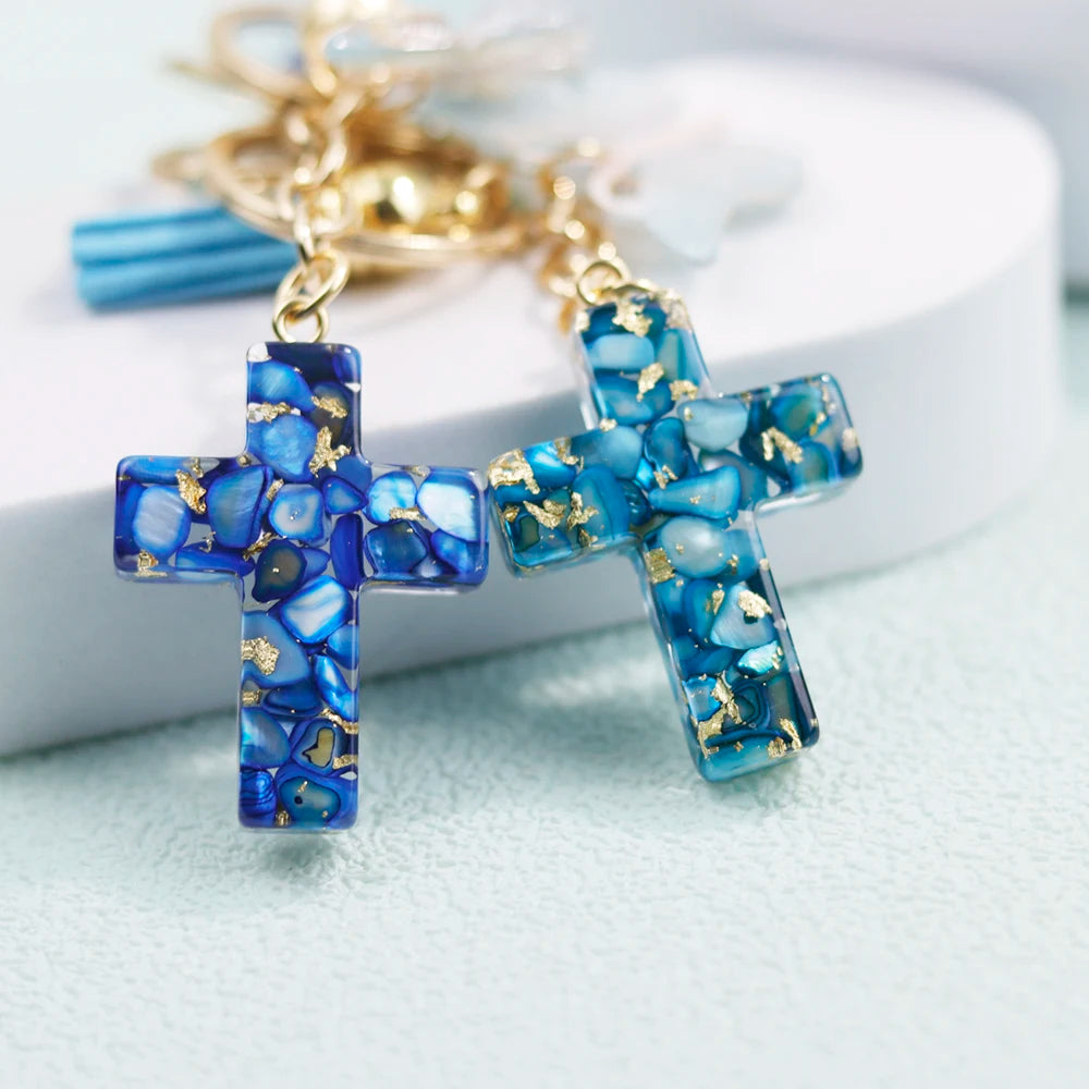 Colorful Sequin Filled Resin Cross Keychain Exquisite Butterfly Pendant Keyring for Women Handbag Accessories Christianity Gift