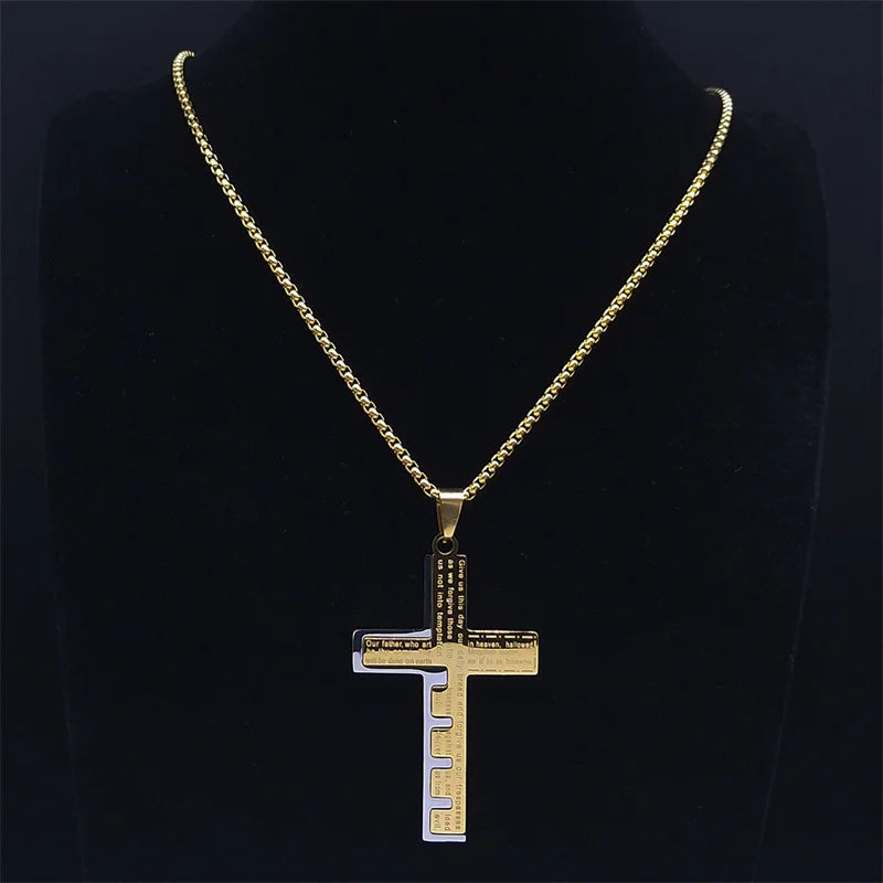 Cross Christian Church Prayer Necklace Men Stainless Steel Gold Color Bible Amulet Necklaces Jewelry