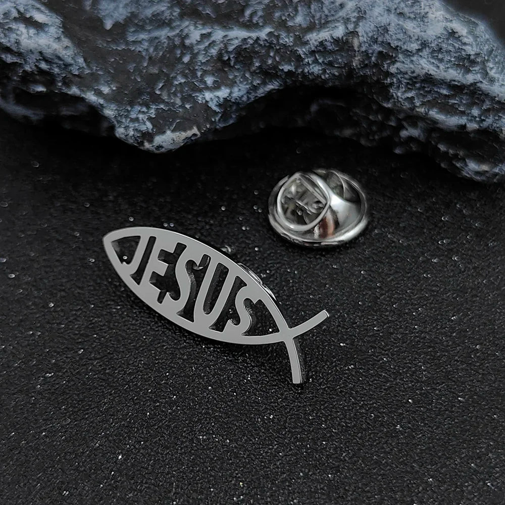 Stainless Steel Jesus Letter Fish Brooch Men's Shirt Suit Badge Pins Fashion Jewelry Accessories Religious Christian Gift