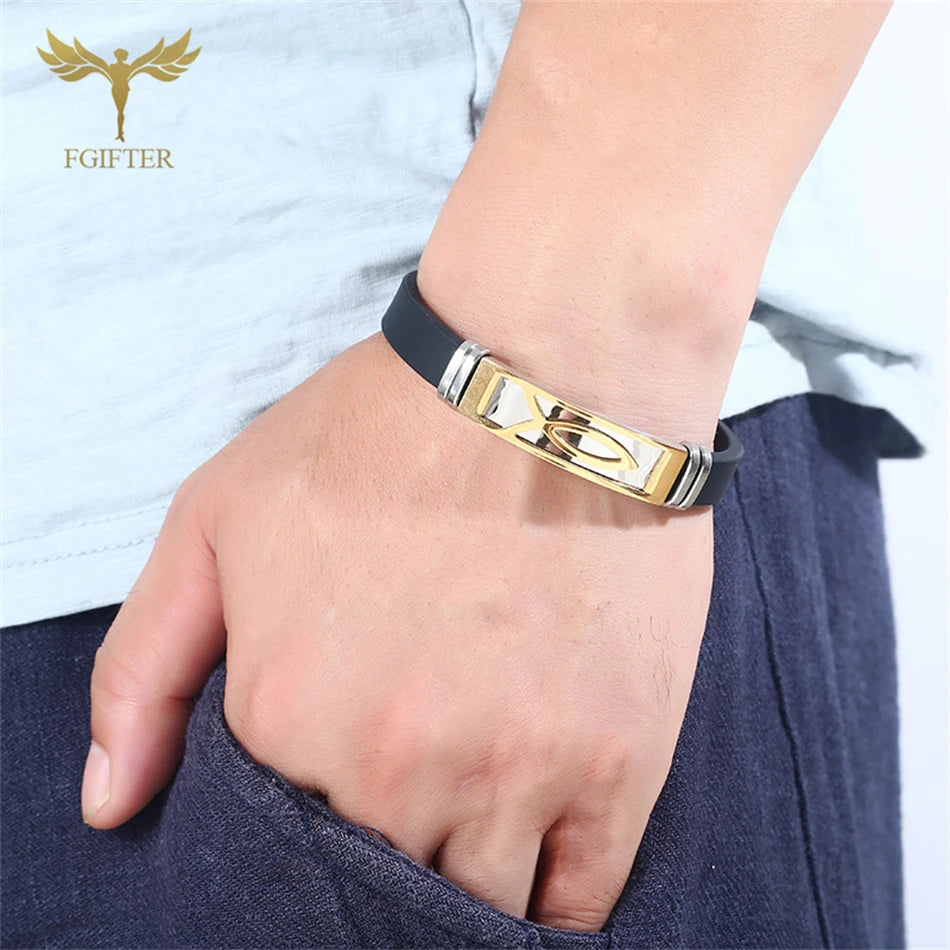 Christian Jesus Fish Cross Bracelet Ichthys Ichtus Symbol Stainless Steel Accessories Silicone Wristband Washable Summer Jewelry