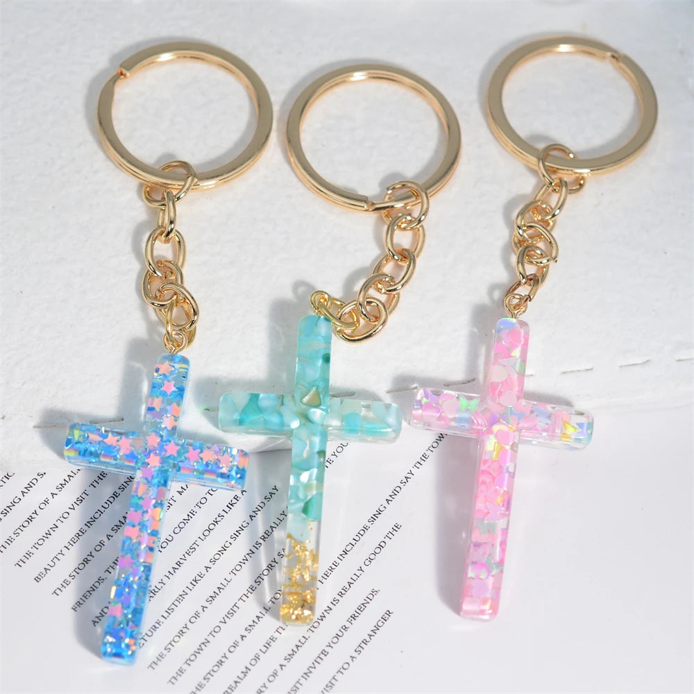 Fashion Multicolor Acrylic Cross Keychain Dry Flower Star Fill Resin Keyring for Women Men Car Bag Phone Pendant Christian Gifts