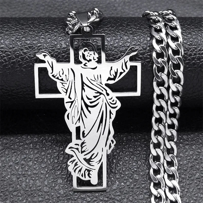 Crown of Thorns Jesus Mary Cross Necklace for Men Stainless Steel Gold Plated Crucifix Pendant Necklaces Jewelry