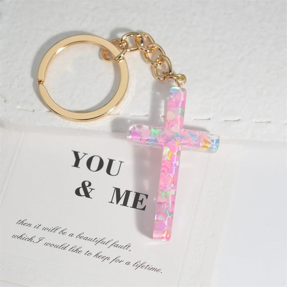 Fashion Multicolor Acrylic Cross Keychain Dry Flower Star Fill Resin Keyring for Women Men Car Bag Phone Pendant Christian Gifts