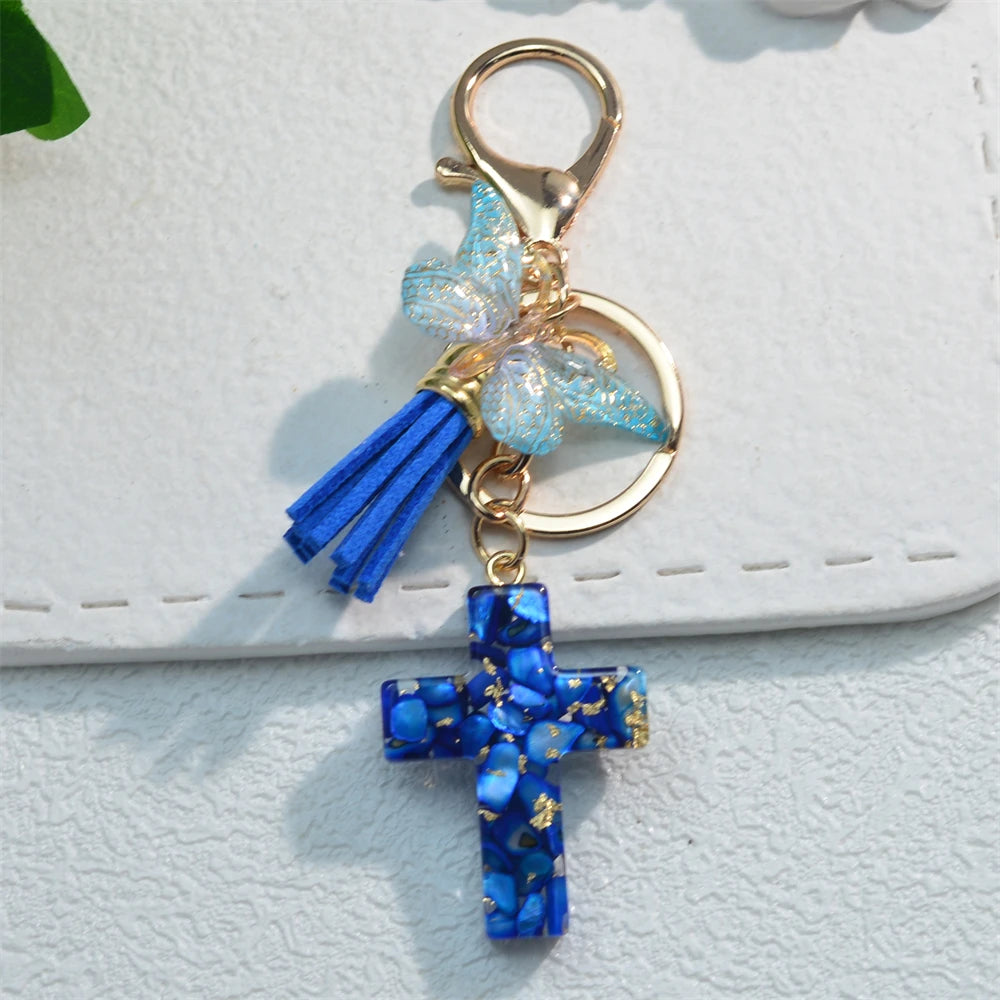 Cross Butterfly Keychain Christian Cute Resin Key Chain Ring Purse Bag Backpack Charm Car Ornament Earbud Case Accessories Gift
