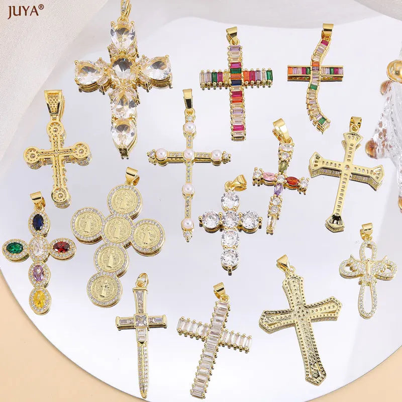 Luxury Natural Zircon Cross Talisman Charms 18k Gold Plated Pendants For Women Necklaces DIY Jewelry Making Accessories