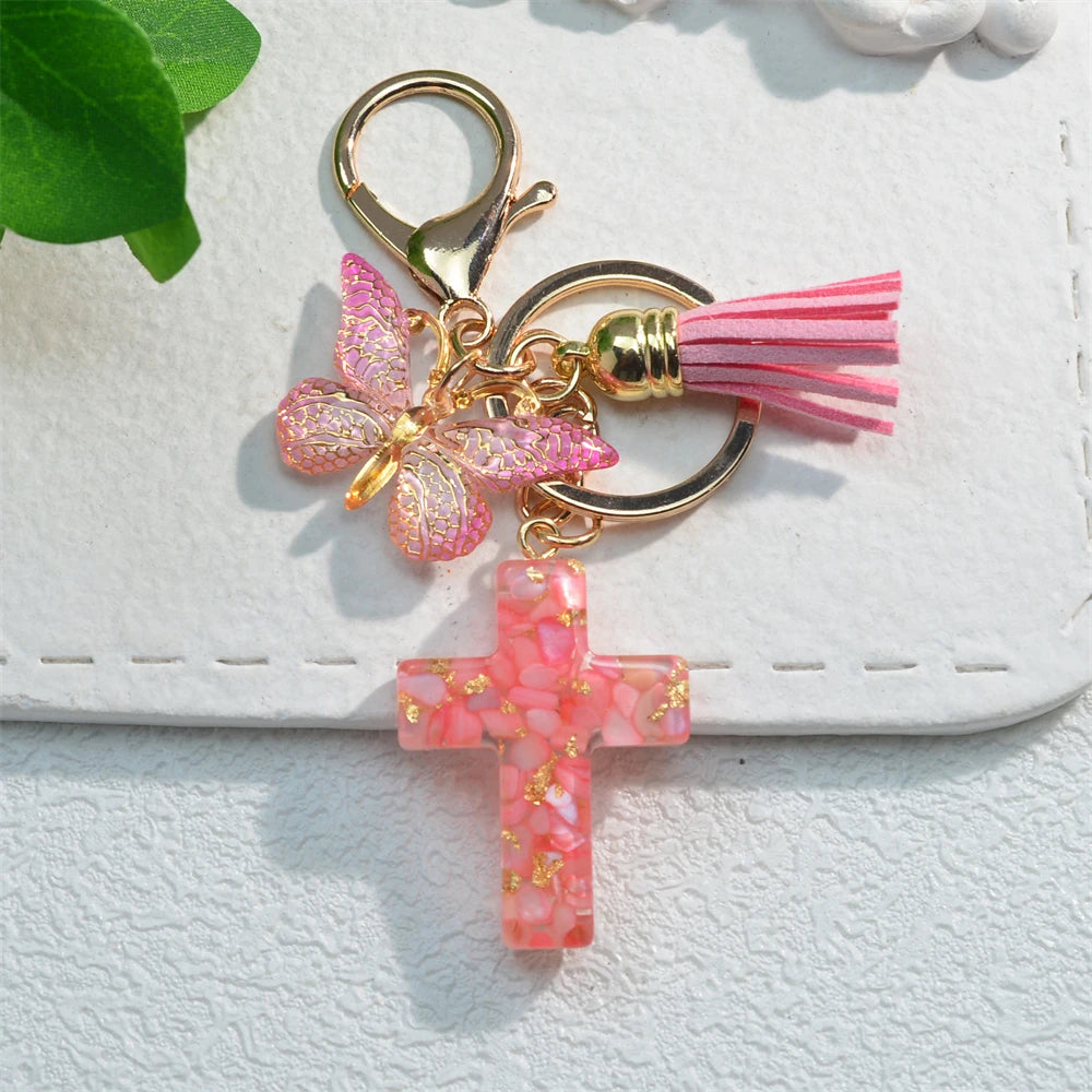 Cross Butterfly Keychain Christian Cute Resin Key Chain Ring Purse Bag Backpack Charm Car Ornament Earbud Case Accessories Gift