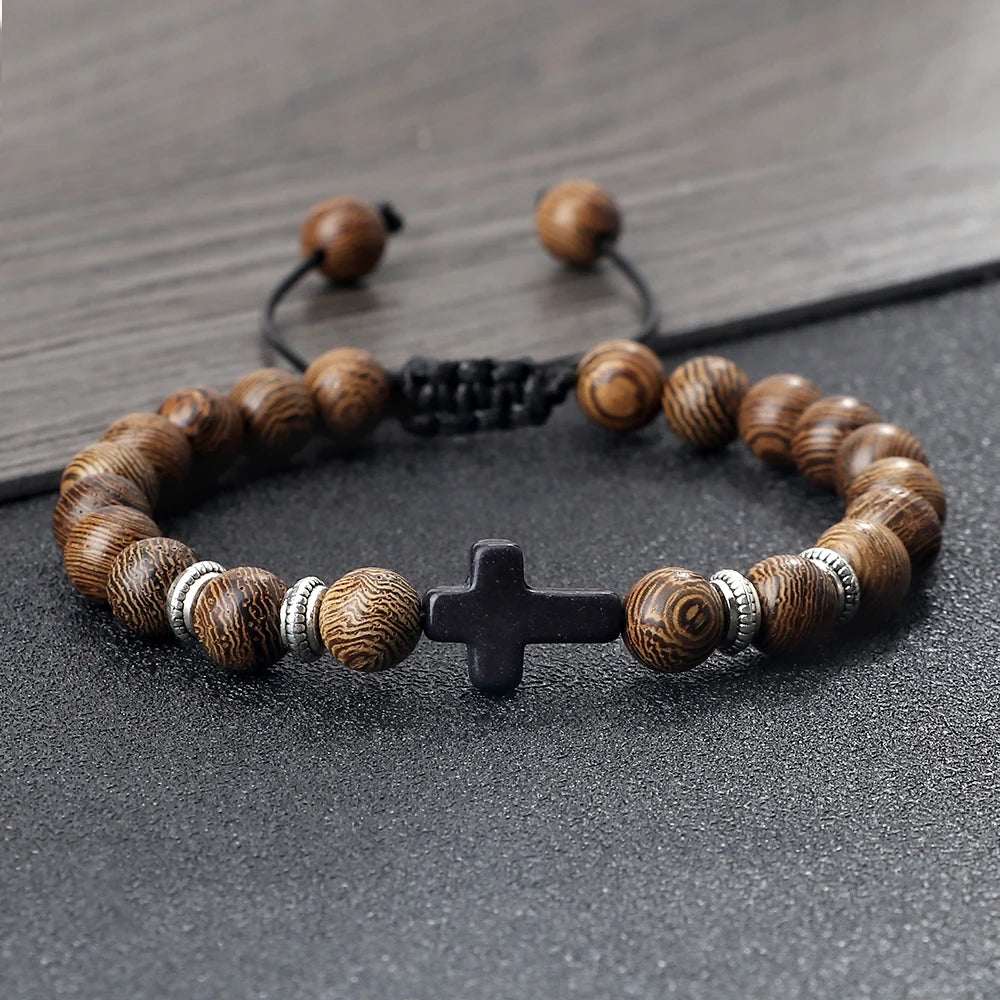 Handmade Natural Stone Wooden Beaded Bracelet Christian Jesus Cross Braided Bracelets Men Women Prayer Jewelry Couple Gift