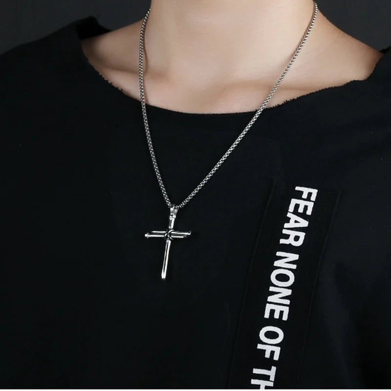 Mens Jewellery Black Stainless Steel Necklace Men Nail Cross Pendant Chain Necklace Christian Church Accessories Collar