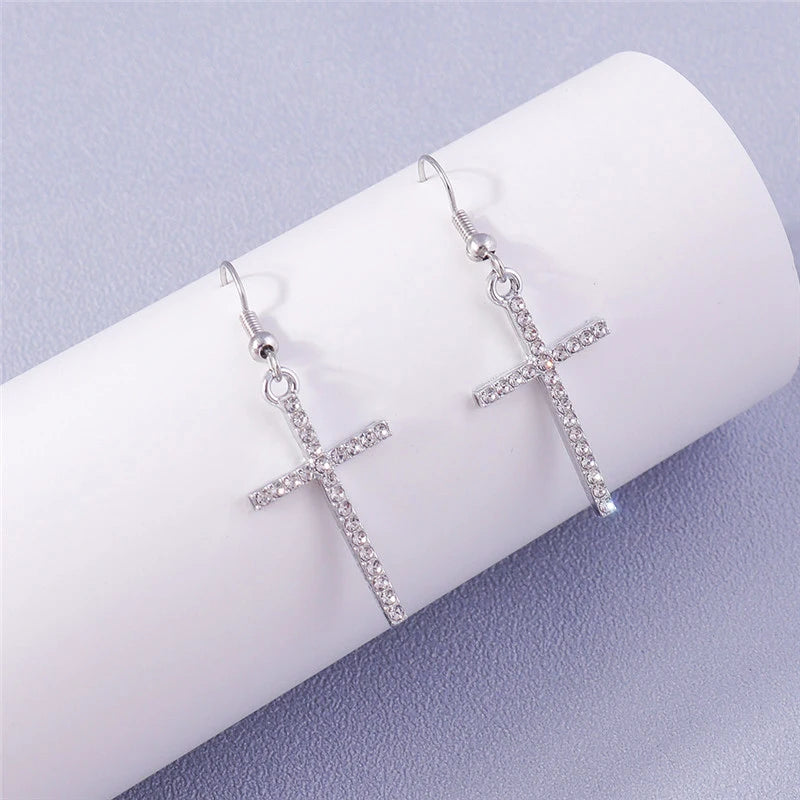 Fashion Zircon Crystal Cross Earrings for Women Men Gothic Punk Hip Hop Jesus Crucifix Dangle Earring Christian Party Jewelry