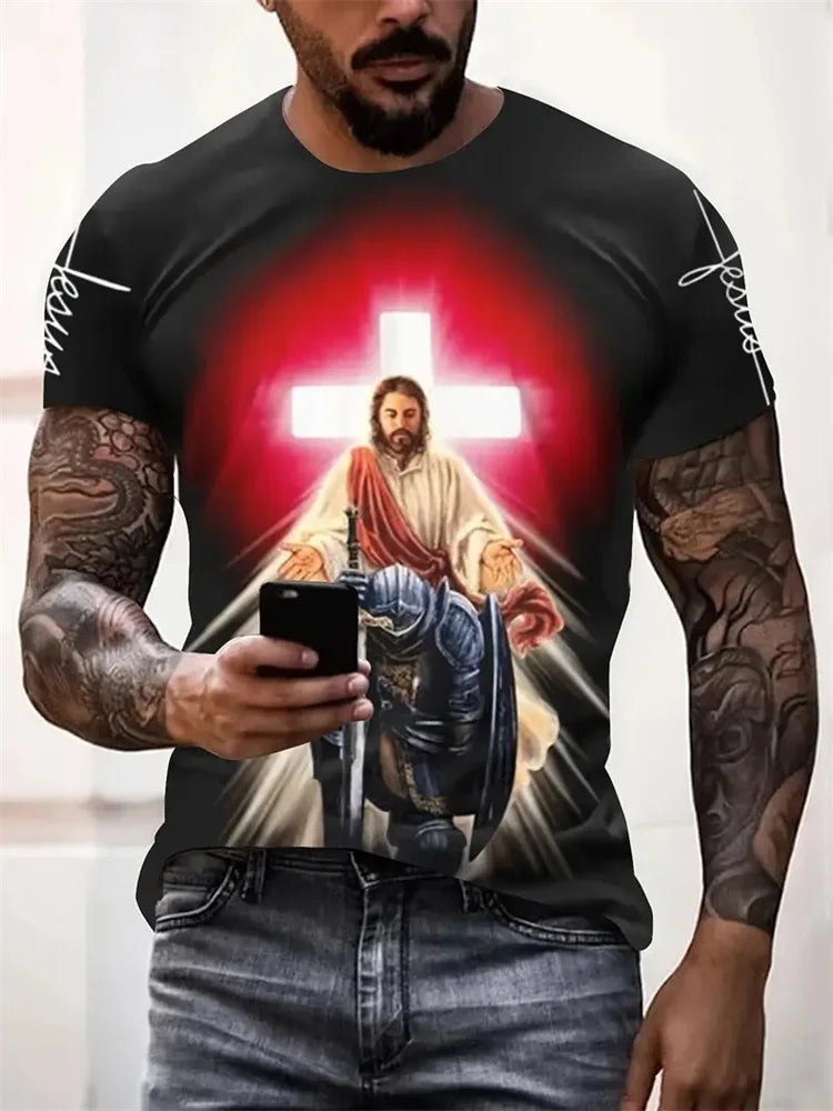 Cross Warrior With Lion Print Fashion Comfort Men's T-shirt Outdoor Street Trend Fashion Men's Top Jesus Print Men's Y2K Top