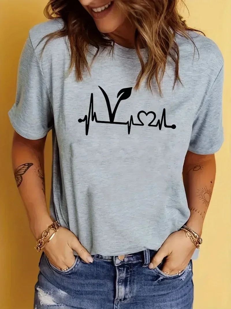 Plant Print Short Sleeve T-Shirt Crew Neck Casual Top for Summer Spring Women's Clothing Casual Fashionable Personality Pullover