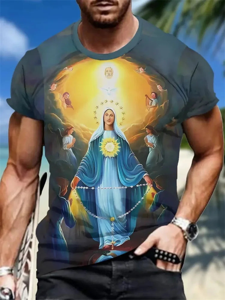 Cross Warrior With Lion Print Fashion Comfort Men's T-shirt Outdoor Street Trend Fashion Men's Top Jesus Print Men's Y2K Top