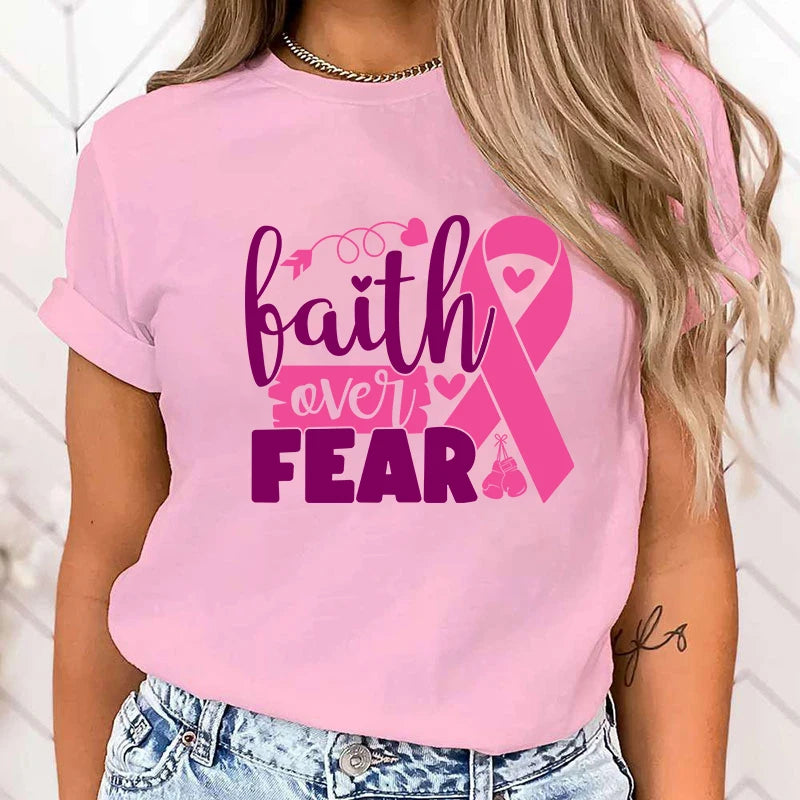 Hot Breast Cancer Awareness Faith Over Fear Graphic T Shirt Women'S Fashion T-Shirts Short Sleeve Shirts