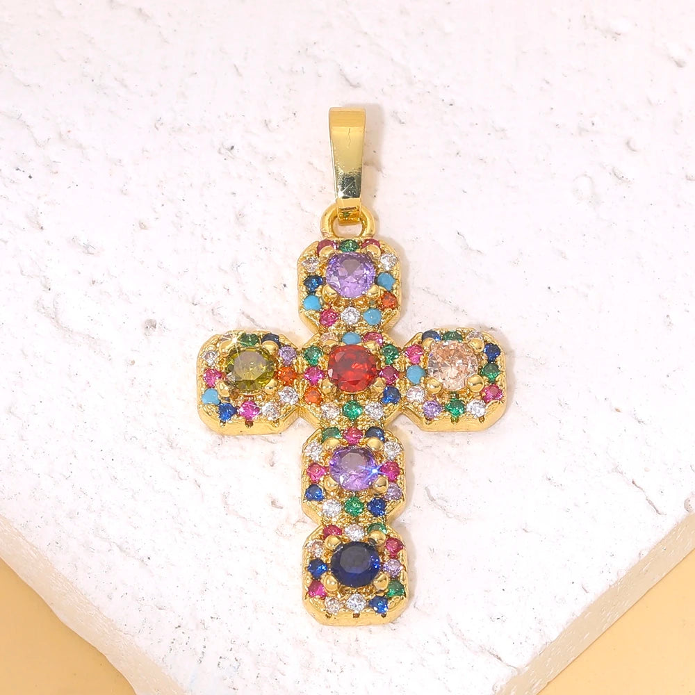 18K Real Gold Plated Enamel Cubic Zirconia Christian Cross Charms For DIY Religious Christmas Pendant Rosary Jewelry Making