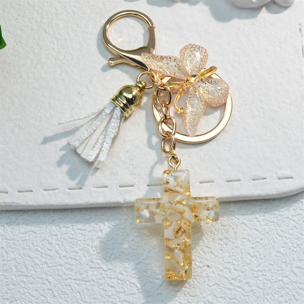 Cross Butterfly Keychain Christian Cute Resin Key Chain Ring Purse Bag Backpack Charm Car Ornament Earbud Case Accessories Gift