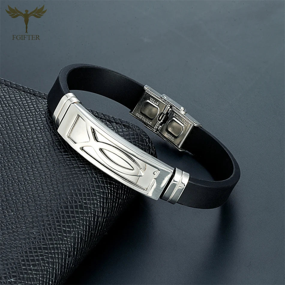 Christian Jesus Fish Cross Bracelet Ichthys Ichtus Symbol Stainless Steel Accessories Silicone Wristband Washable Summer Jewelry