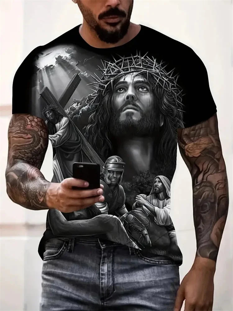 Cross Warrior With Lion Print Fashion Comfort Men's T-shirt Outdoor Street Trend Fashion Men's Top Jesus Print Men's Y2K Top