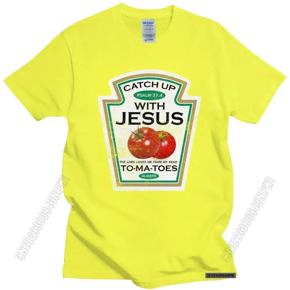 Funny Catch Up With Jesus T Shirt Men Vintage Vegan Tomato T-Shirt Christian Gift Veganism O-Neck Cotton Tee Merchandise