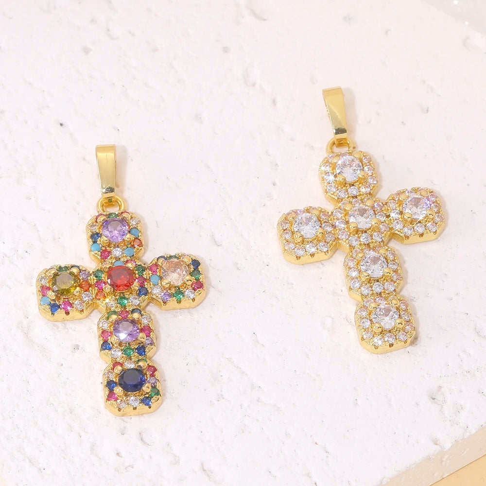 18K Real Gold Plated Enamel Cubic Zirconia Christian Cross Charms For DIY Religious Christmas Pendant Rosary Jewelry Making