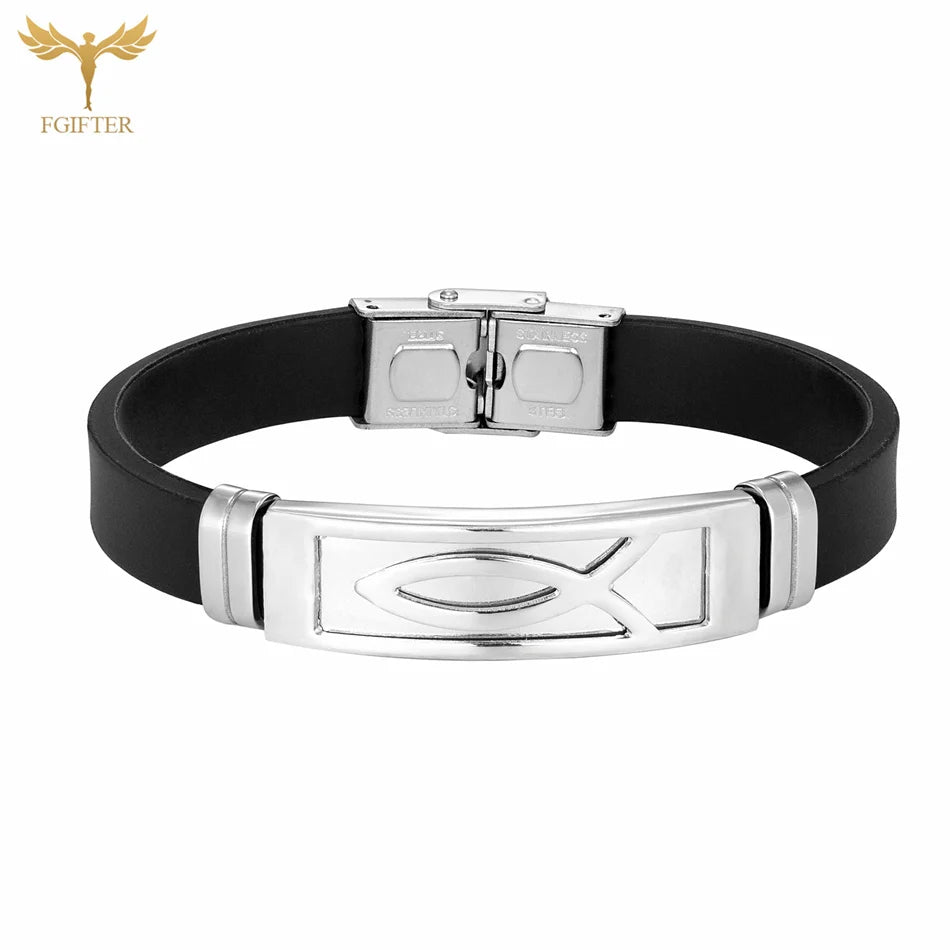 Christian Jesus Fish Cross Bracelet Ichthys Ichtus Symbol Stainless Steel Accessories Silicone Wristband Washable Summer Jewelry