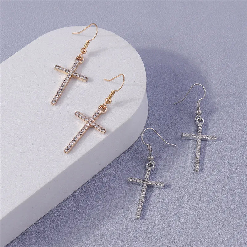 Fashion Zircon Crystal Cross Earrings for Women Men Gothic Punk Hip Hop Jesus Crucifix Dangle Earring Christian Party Jewelry