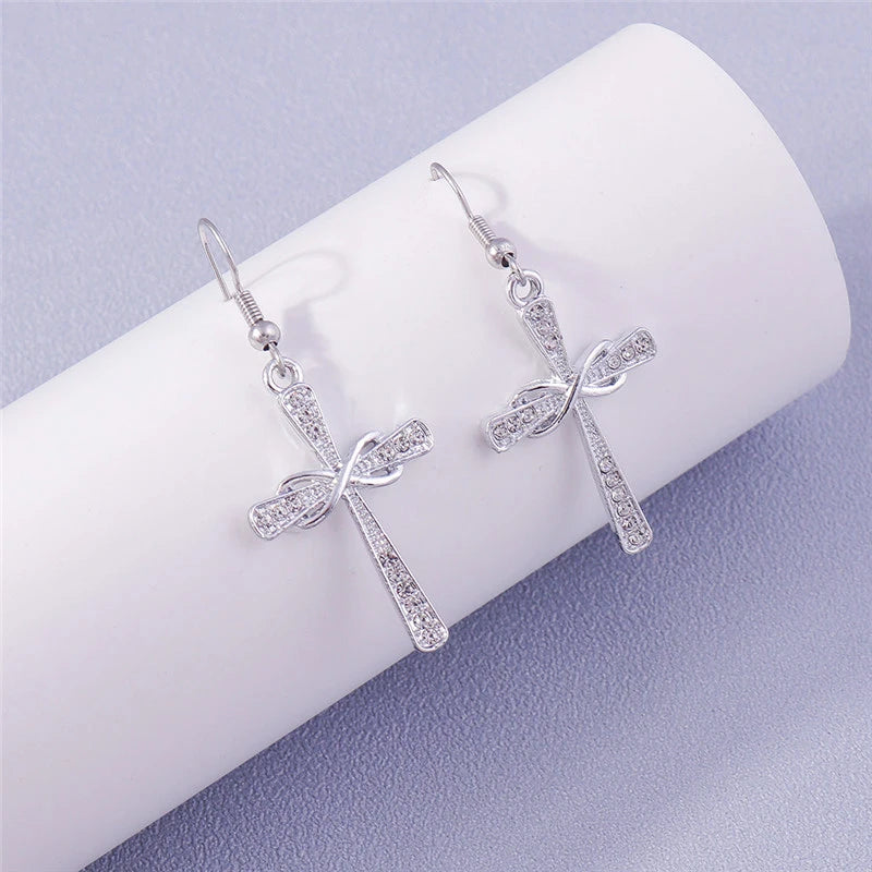 Fashion Zircon Crystal Cross Earrings for Women Men Gothic Punk Hip Hop Jesus Crucifix Dangle Earring Christian Party Jewelry