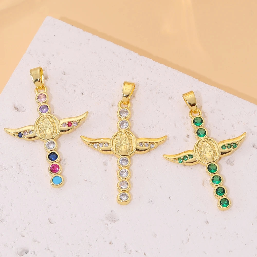 18K Real Gold Plated Enamel Cubic Zirconia Christian Cross Charms For DIY Religious Christmas Pendant Rosary Jewelry Making