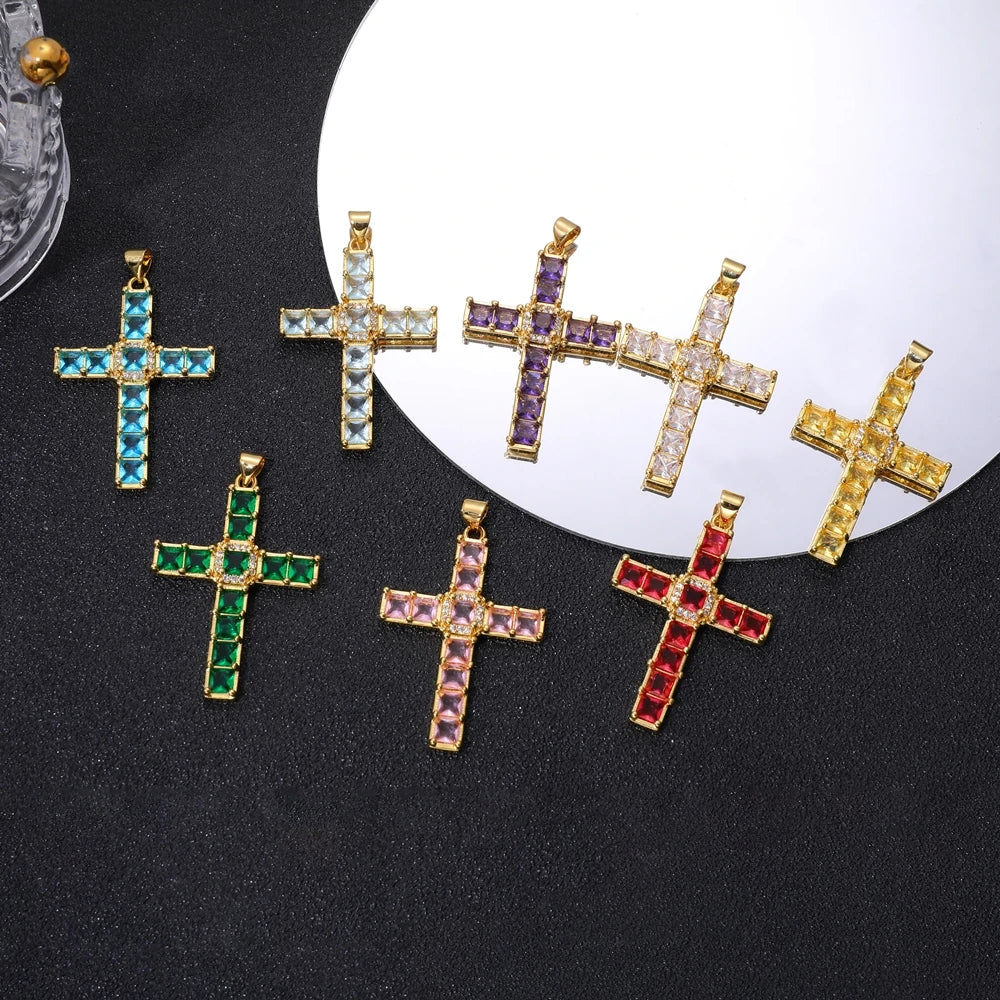 18K Real Gold Plated Enamel Cubic Zirconia Christian Cross Charms For DIY Religious Christmas Pendant Rosary Jewelry Making